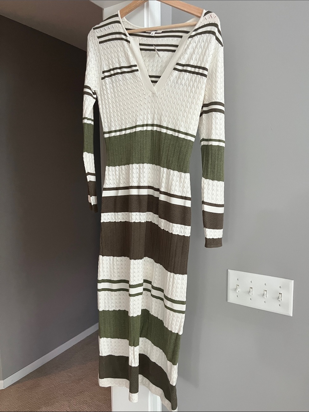 Splendid Olive, Brown and White Striped V‑Neck Knit Maxi Dress